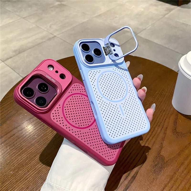 For iPhone 18 Pro Max / 17 Pro Max Magnetic Case PC + TPU Camera Frame Kickstand Heat Dissipation Phone Cover - Wine Red