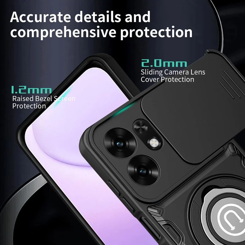 Custodia per telefono con copertura scorrevole per fotocamera per Honor 600 Smart 5G / X7e Plus 5G / X7e Plus 4G, supporto posteriore con anello girevole in PC + TPU - Nero