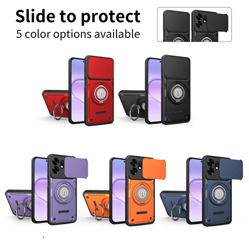 Custodia per telefono con copertura scorrevole per fotocamera per Honor 600 Smart 5G / X7e Plus 5G / X7e Plus 4G, supporto posteriore con anello girevole in PC + TPU - Nero
