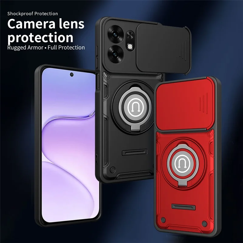 Custodia per telefono con copertura scorrevole per fotocamera per Honor 600 Smart 5G / X7e Plus 5G / X7e Plus 4G, supporto posteriore con anello girevole in PC + TPU - Nero