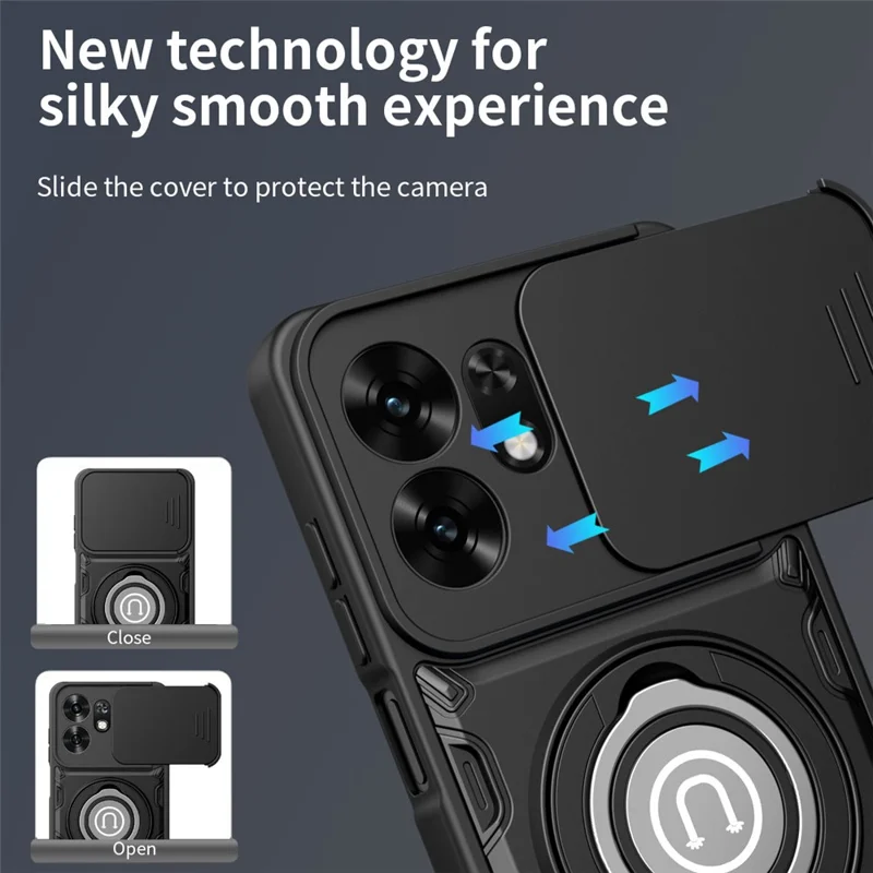 Custodia per telefono con copertura scorrevole per fotocamera per Honor 600 Smart 5G / X7e Plus 5G / X7e Plus 4G, supporto posteriore con anello girevole in PC + TPU - Nero