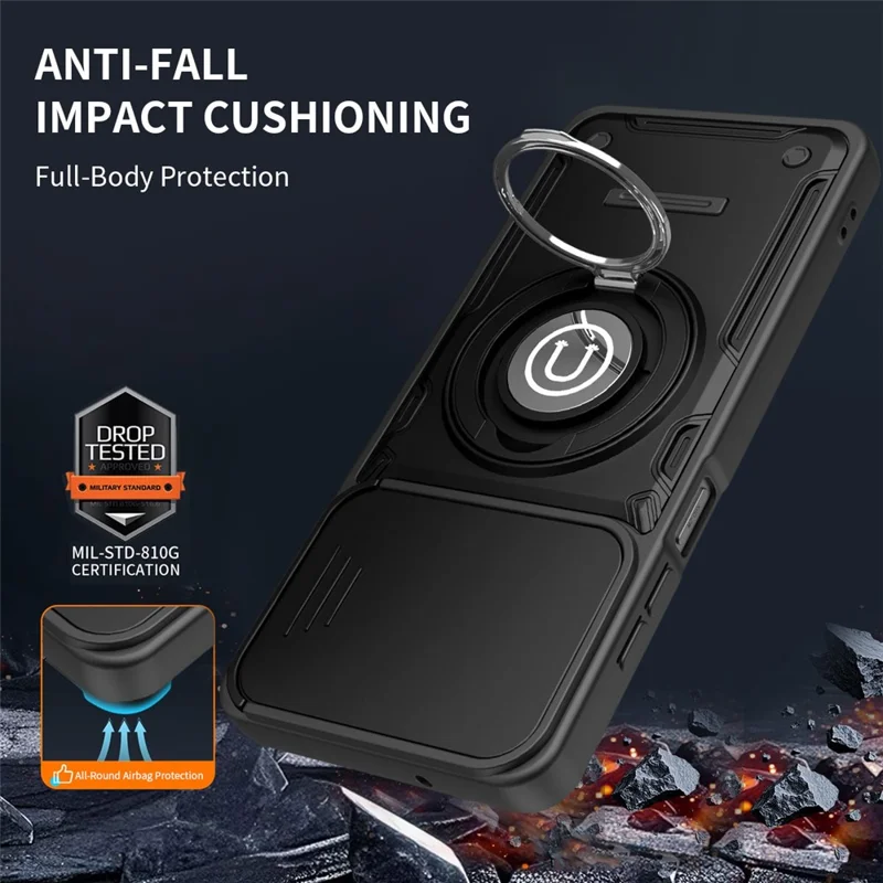 Custodia per telefono con copertura scorrevole per fotocamera per Honor 600 Smart 5G / X7e Plus 5G / X7e Plus 4G, supporto posteriore con anello girevole in PC + TPU - Nero