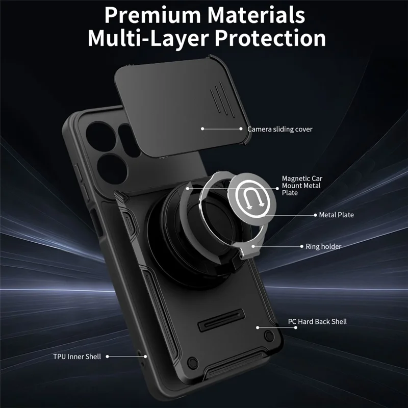 Custodia per telefono con copertura scorrevole per fotocamera per Honor 600 Smart 5G / X7e Plus 5G / X7e Plus 4G, supporto posteriore con anello girevole in PC + TPU - Nero