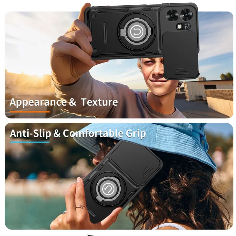 Custodia per telefono con copertura scorrevole per fotocamera per Honor 600 Smart 5G / X7e Plus 5G / X7e Plus 4G, supporto posteriore con anello girevole in PC + TPU - Nero