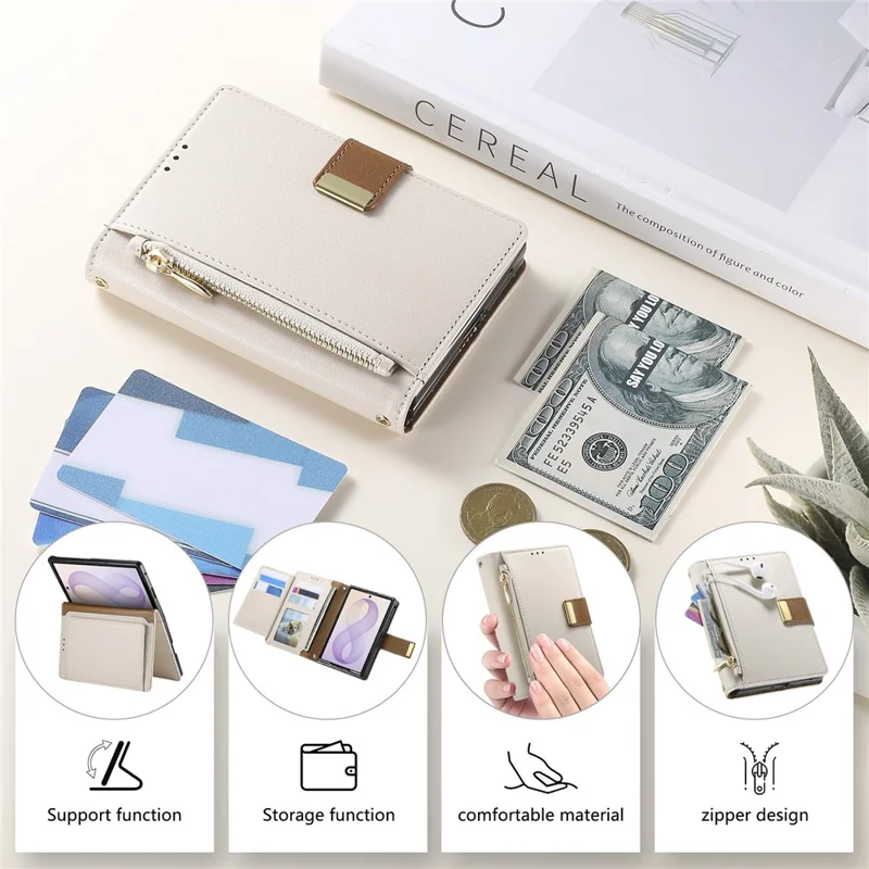 For Samsung Galaxy Z Fold8 Case Wallet Zipper Pocket Stand Folio Leather Phone Cover - White