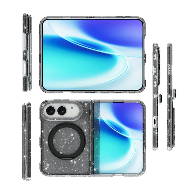 Für iPhone Fold Hülle Magnetische Kippständer Glitzerpulver PC + TPU Handyhülle - Schwarz