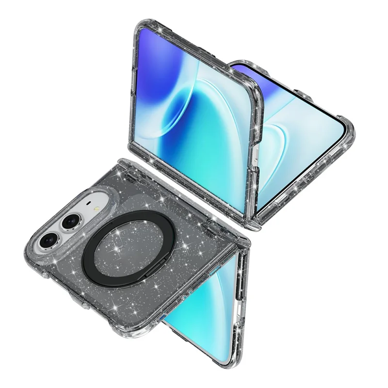 Für iPhone Fold Hülle Magnetische Kippständer Glitzerpulver PC + TPU Handyhülle - Schwarz