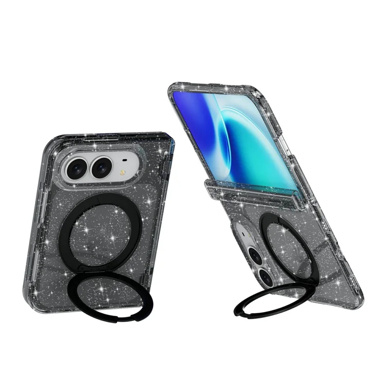 Für iPhone Fold Hülle Magnetische Kippständer Glitzerpulver PC + TPU Handyhülle - Schwarz