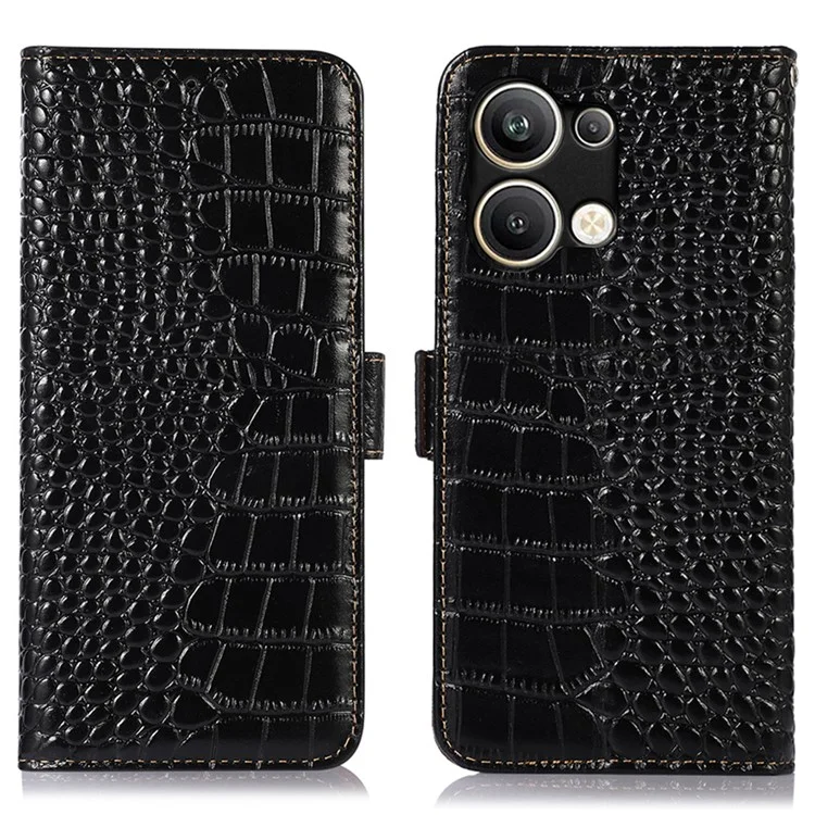 Case de Teléfono de Bloqueo RFID Anti-drop Para Oppo Reno9 Pro+ 5G Stand Wallet Crocodile Textura Cubierta Celular de Cuero de Cuero Genuina - Negro
