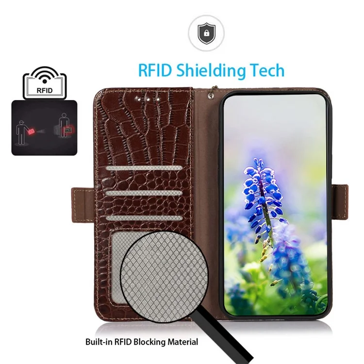 Профессиональный Чехол Для Блокировки RFID RFID Для Oppo Reno9 Pro+ 5G Стенд Кошелек Crocodile Текстура Подлинная Кожаная Обложка Кожи Кожи Кожи - Коричневый