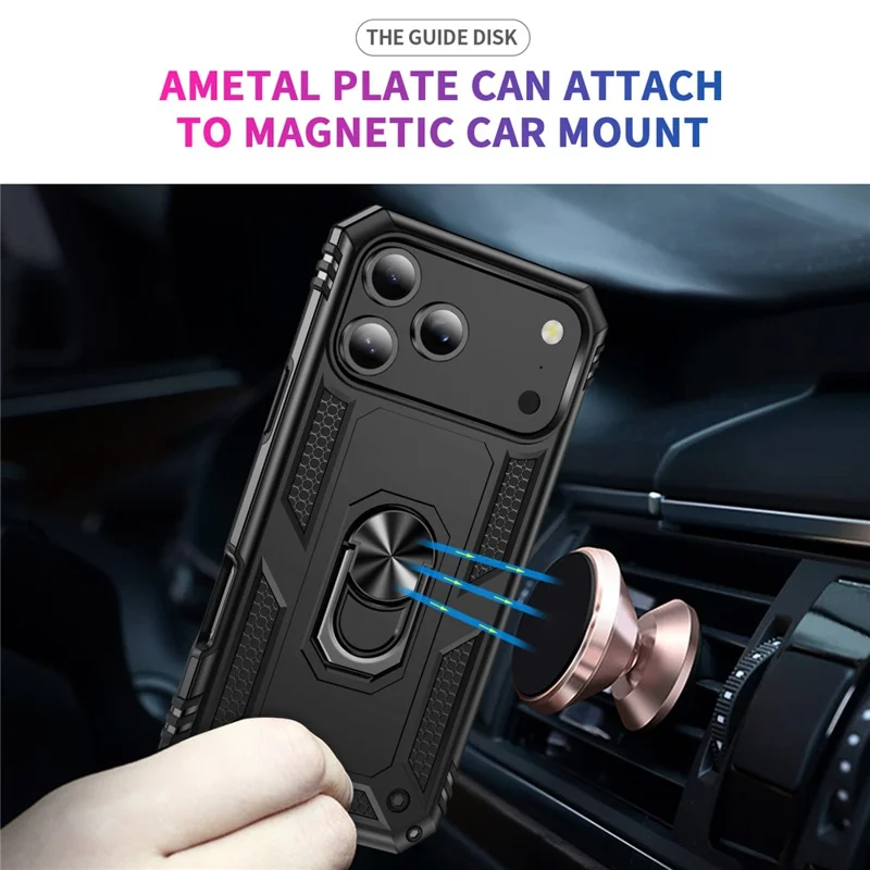 For iPhone 18 Pro Max Case Rotating Ring Kickstand TPU + PC Dual-Layer Phone Cover with High Aluminium-silicon Glass Screen Protector + Tempered Glass Lens Protector - Black