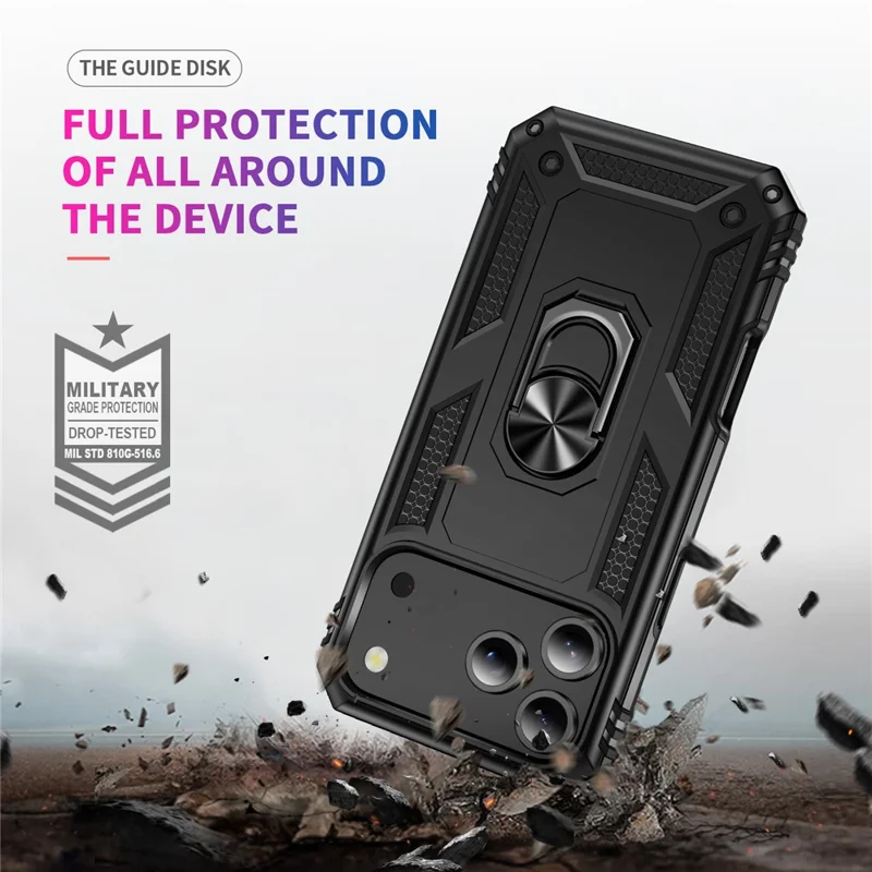 For iPhone 18 Pro Max Case Rotating Ring Kickstand TPU + PC Dual-Layer Phone Cover with High Aluminium-silicon Glass Screen Protector + Tempered Glass Lens Protector - Black