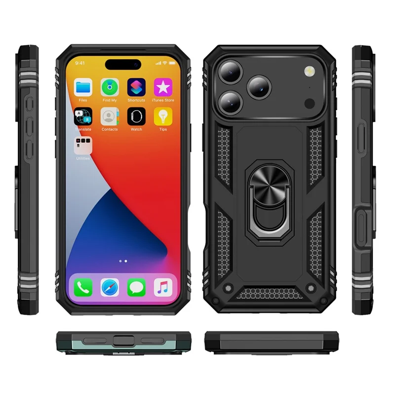 For iPhone 18 Pro Max Case Rotating Ring Kickstand TPU + PC Dual-Layer Phone Cover with High Aluminium-silicon Glass Screen Protector + Tempered Glass Lens Protector - Black