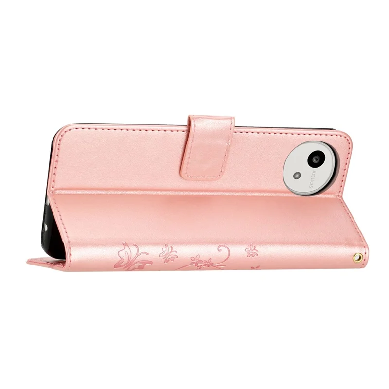 For Sharp Aquos Wish6 Leather Wallet Case Butterfly Flower Imprinted Phone Cover with Strap - Rose Gold