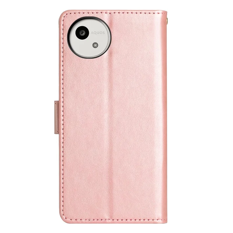For Sharp Aquos Wish6 Leather Wallet Case Butterfly Flower Imprinted Phone Cover with Strap - Rose Gold