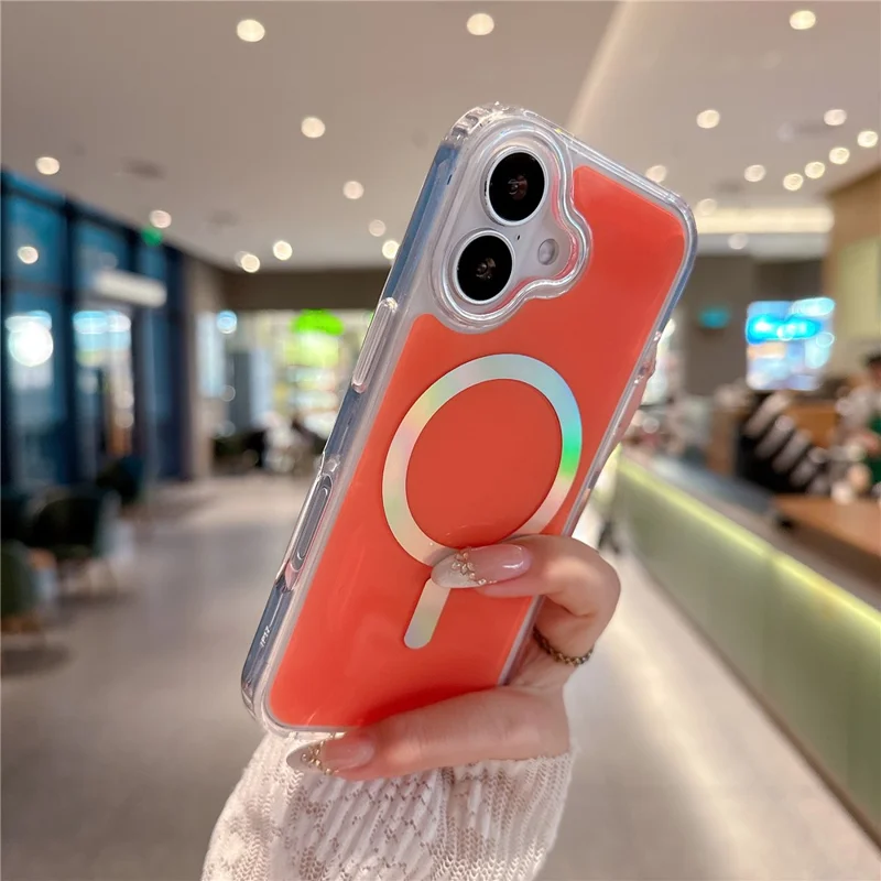 For iPhone 17 Magnetic Case Holographic Ring Lens Frame  PC + TPU Shockproof Phone Cover - Orange