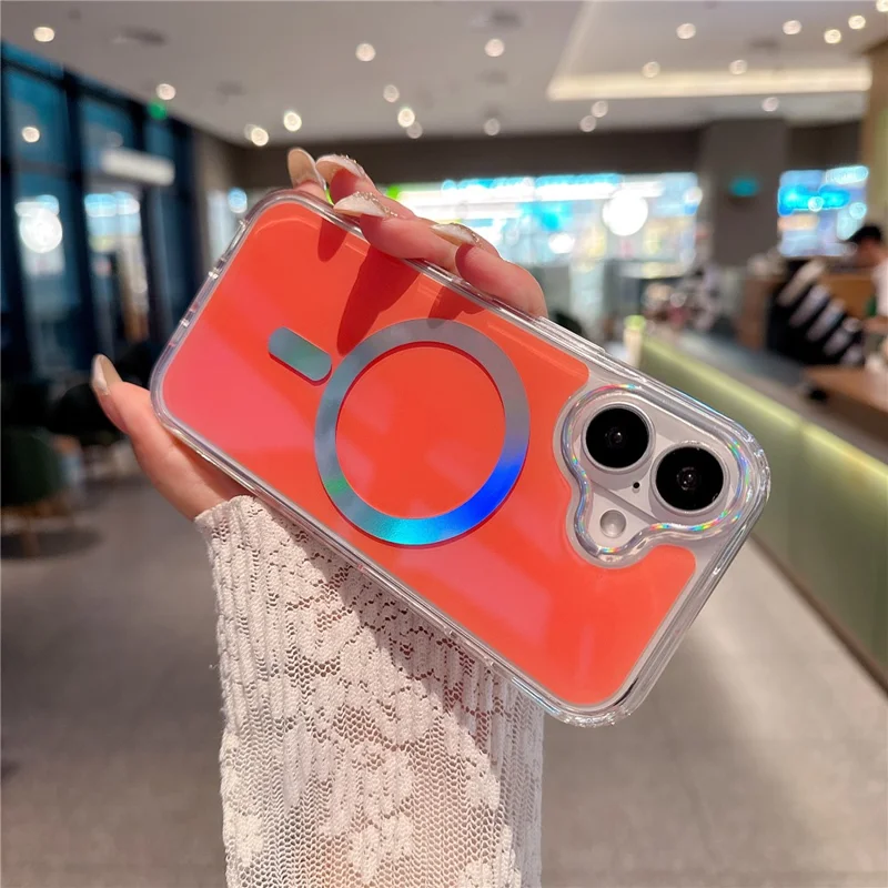 For iPhone 17 Magnetic Case Holographic Ring Lens Frame  PC + TPU Shockproof Phone Cover - Orange
