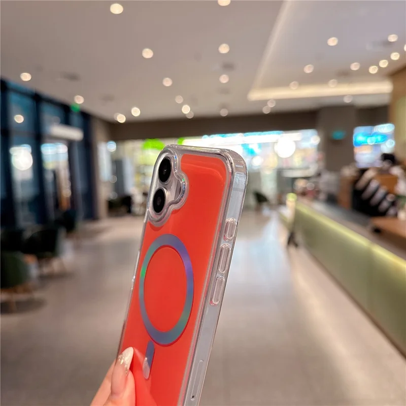 For iPhone 17 Magnetic Case Holographic Ring Lens Frame  PC + TPU Shockproof Phone Cover - Orange