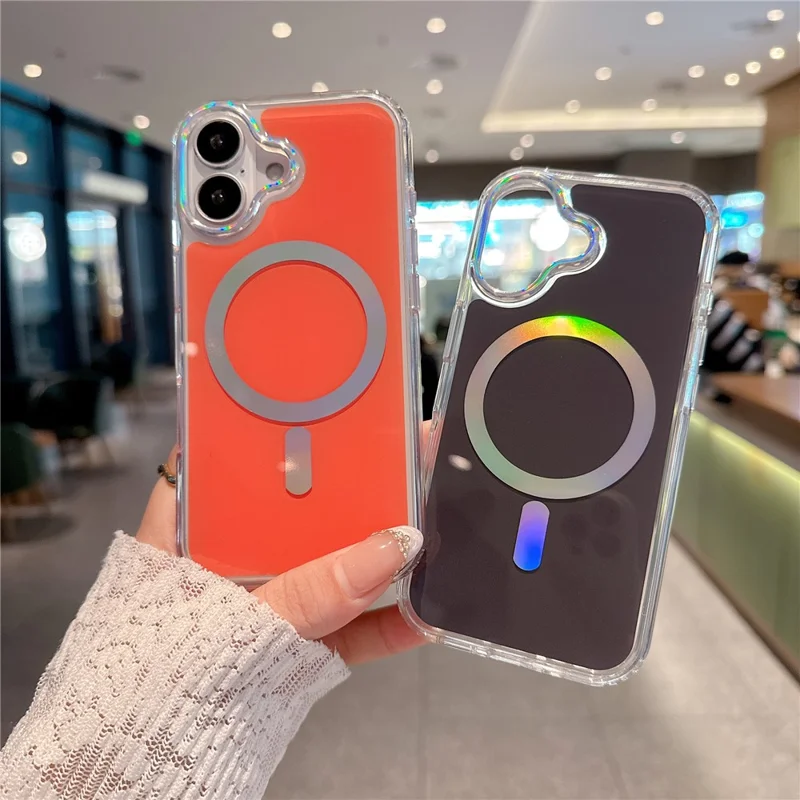 For iPhone 17 Magnetic Case Holographic Ring Lens Frame  PC + TPU Shockproof Phone Cover - Orange