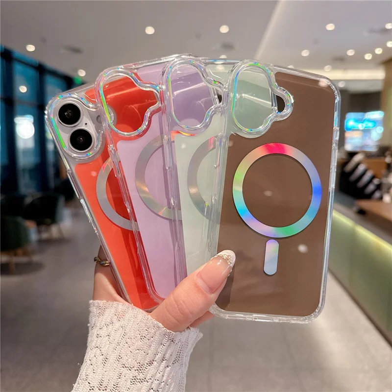 For iPhone 17 Magnetic Case Holographic Ring Lens Frame  PC + TPU Shockproof Phone Cover - Orange