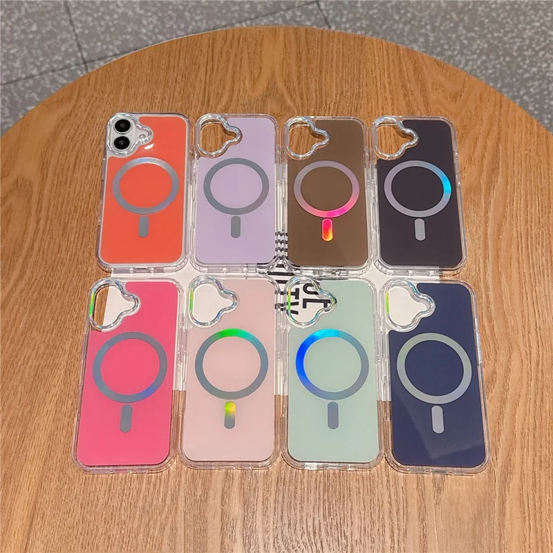 For iPhone 17 Magnetic Case Holographic Ring Lens Frame  PC + TPU Shockproof Phone Cover - Orange