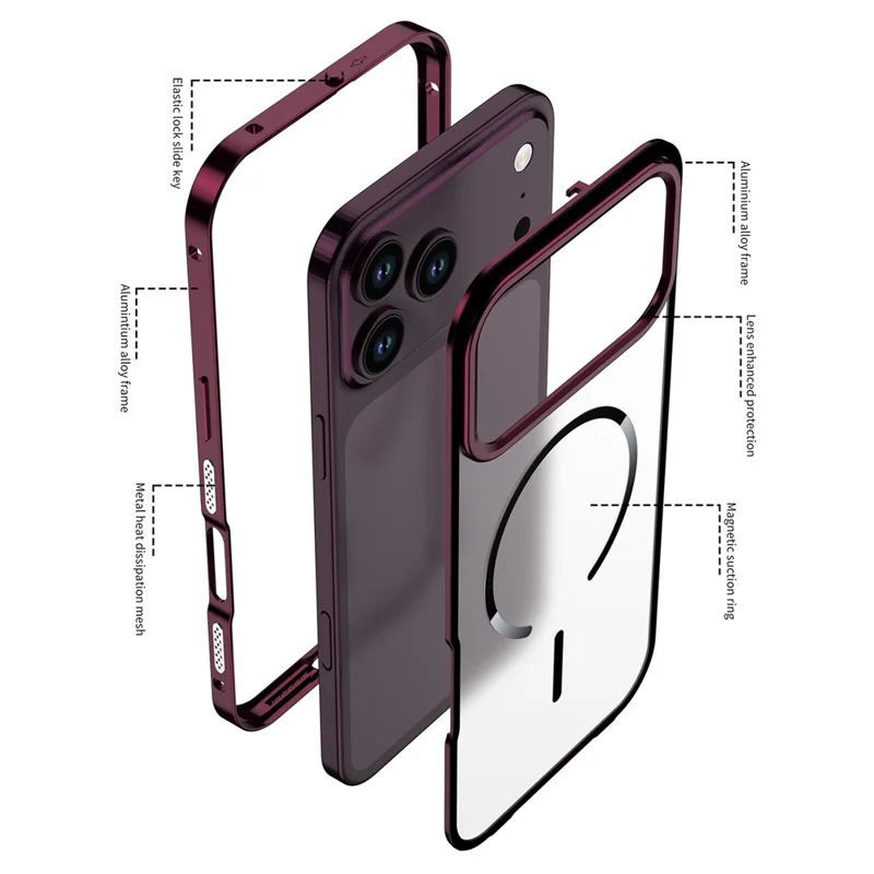 For iPhone 18 Pro Max Magnetic Case Aluminium Alloy PC Matte Phone Cover Pop-Up Snap Lock - Cherry Red