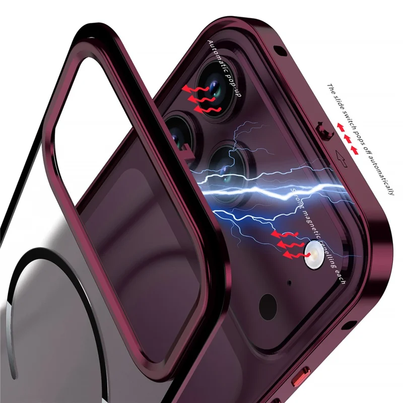 For iPhone 18 Pro Max Magnetic Case Aluminium Alloy PC Matte Phone Cover Pop-Up Snap Lock - Cherry Red