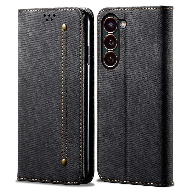 Drop-proof PU Leather Phone Case For Samsung Galaxy S23 Jeans Cloth Texture Protective Flip Wallet Cover Stand - Black