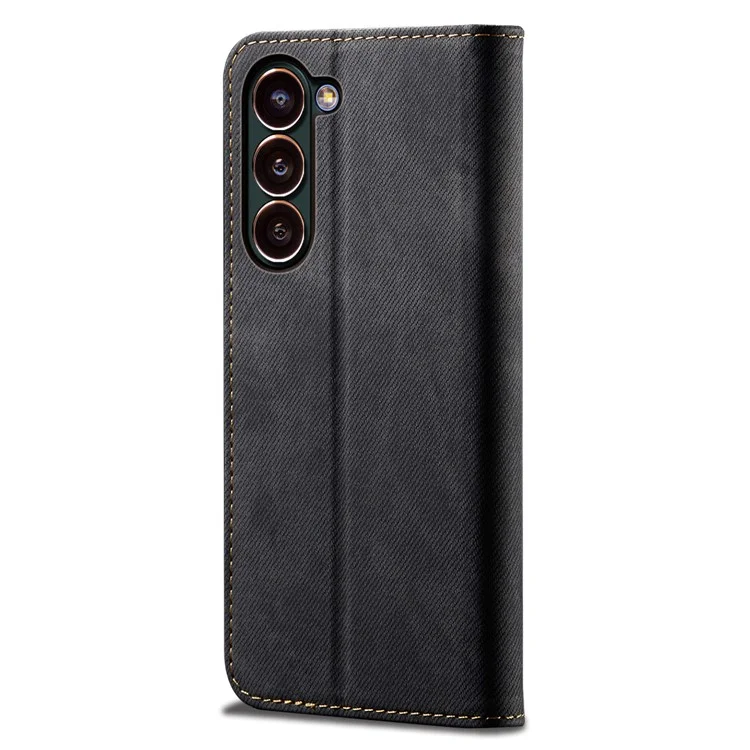 Drop-proof PU Leather Phone Case For Samsung Galaxy S23 Jeans Cloth Texture Protective Flip Wallet Cover Stand - Black