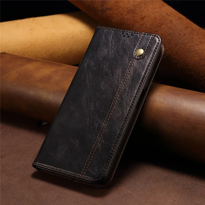 Phone Wallet Case For Samsung Galaxy S23+ Waxy Crazy Horse Texture PU Leather Stand Magnetic Absorption Cell Phone Cover - Black