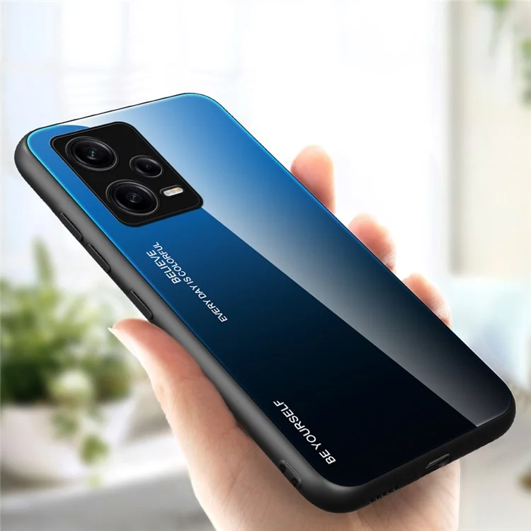 Для Xiaomi Redmi Note 12 Pro 5G PU Leather Stand Wallet Cover with Strap Gradient Color Anti-drop Phone Case Tempered Glass Hard PC Soft TPU Protective Cover - Синий / Черный