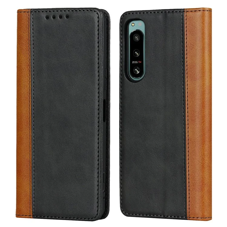 Anti-fall PU Leather Phone Case For Sony Xperia 5 IV 5G Magnetic Absorption Calf Texture Bi-color Splicing Stand Wallet Flip Phone Cover -  Black  /  Yellow