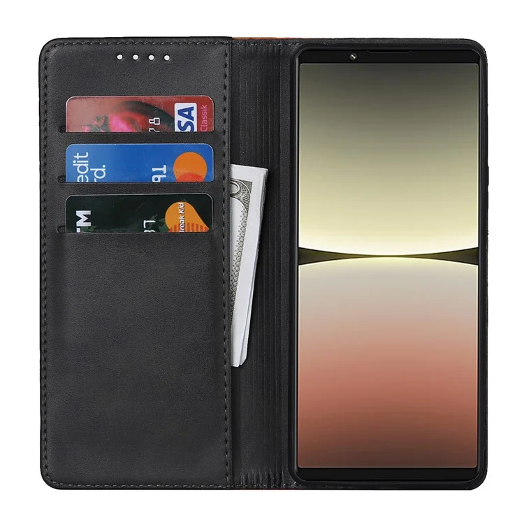 Anti-fall PU Leather Phone Case For Sony Xperia 5 IV 5G Magnetic Absorption Calf Texture Bi-color Splicing Stand Wallet Flip Phone Cover -  Black  /  Yellow