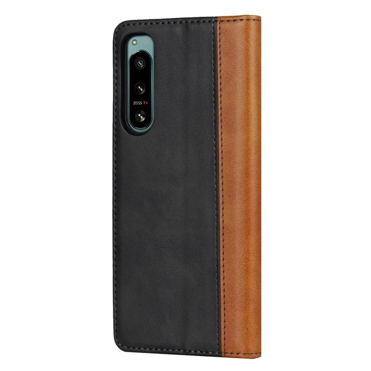 Anti-fall PU Leather Phone Case For Sony Xperia 5 IV 5G Magnetic Absorption Calf Texture Bi-color Splicing Stand Wallet Flip Phone Cover -  Black  /  Yellow
