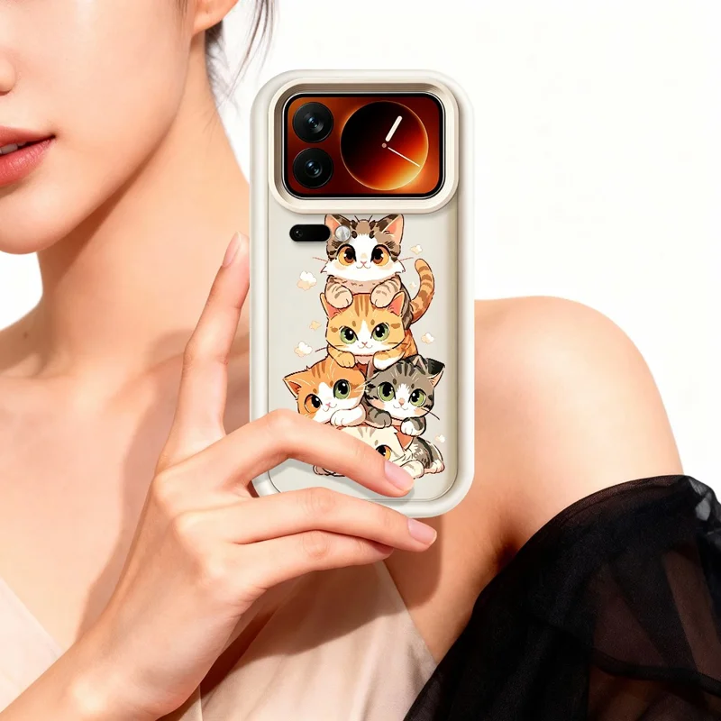 For Xiaomi 17 Pro TPU Case Cat Stack Design Pattern Rubberized Anti-Slip Phone Back Cover - White