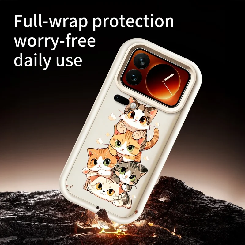For Xiaomi 17 Pro Max TPU Case Cat Stack Design Pattern Rubberized Anti-Slip Phone Back Cover - White