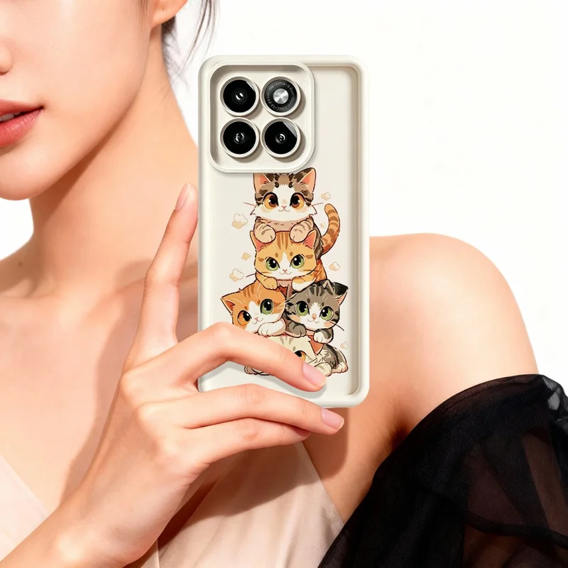 For Motorola Moto G86 5G TPU Case Cat Stack Design Pattern Rubberized Anti-Slip Phone Back Cover - White