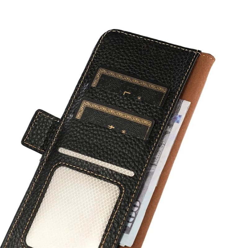 KHAZNEH For Google Pixel 11a Phone Case Litchi Texture Genuine Cow Leather Cover RFID Blocking - Black