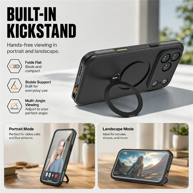 REDPEPPER For iPhone 18 Pro Max / 17 Pro Max IP68 Waterproof Case Compatible with MagSafe Kickstand Phone Back Cover - Black