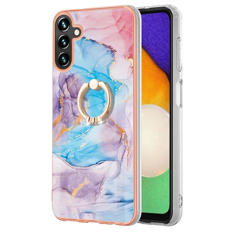 For Samsung Galaxy A34 5G, Case with Ring Kickstand IMD Marble Pattern TPU Back Cover - Milky Way Marble Blue