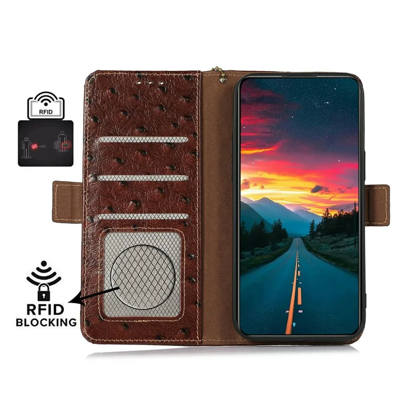 Capa para Sony Xperia 10 VIII com Bloqueio RFID em Couro Genuíno de Vaca com Textura de Avestruz - Café