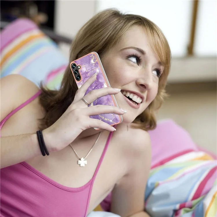 For Samsung Galaxy A34 5G TPU Case with IMD Marble Pattern Electroplated Back Cover - Purple 002