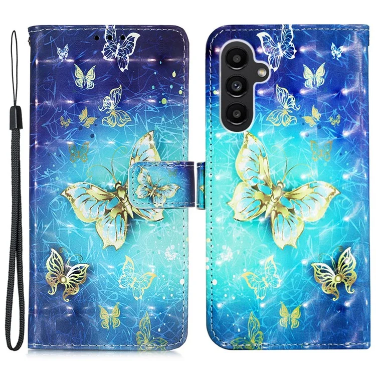 Per Samsung Galaxy A34 5G YB Pattern Printing Leather Series-2 PU Leather 3D Pattern Printing Stand Case Anti-scratch Phone Wallet Cover - Golden Butterflies