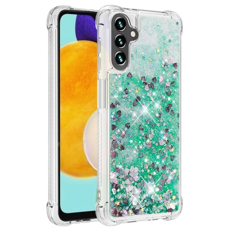 For Samsung Galaxy A34 5G TPU Case Glitter Quicksand Shockproof Phone Back Cover - Green  /  Hearts