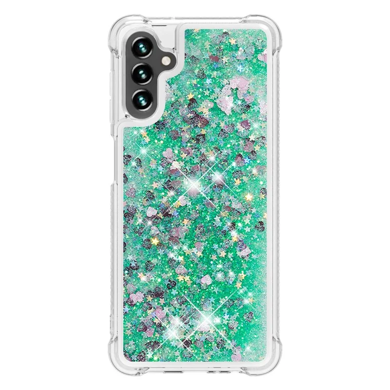 For Samsung Galaxy A34 5G TPU Case Glitter Quicksand Shockproof Phone Back Cover - Green  /  Hearts
