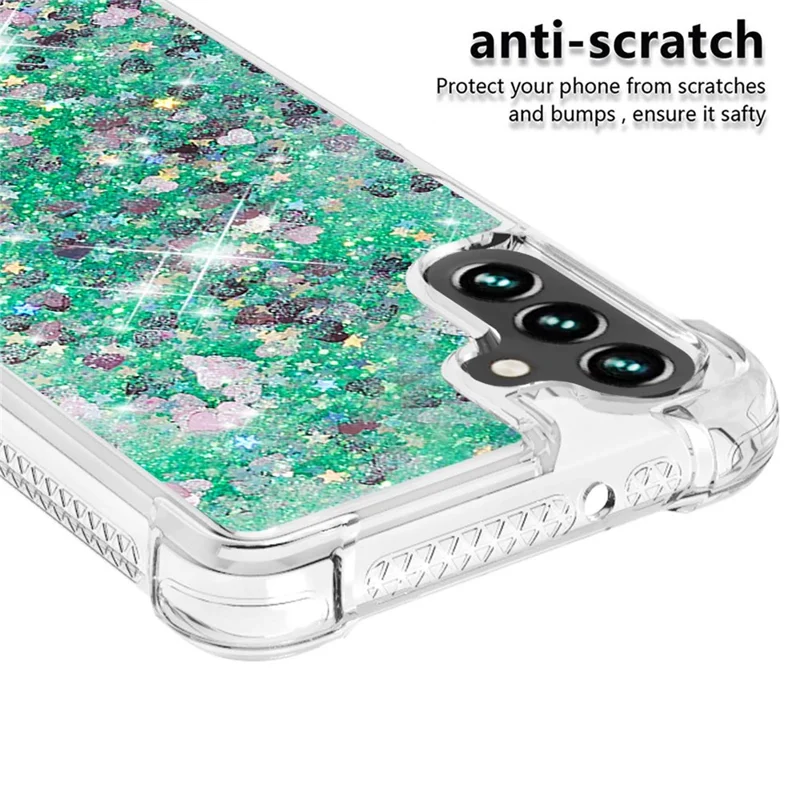 For Samsung Galaxy A34 5G TPU Case Glitter Quicksand Shockproof Phone Back Cover - Green  /  Hearts