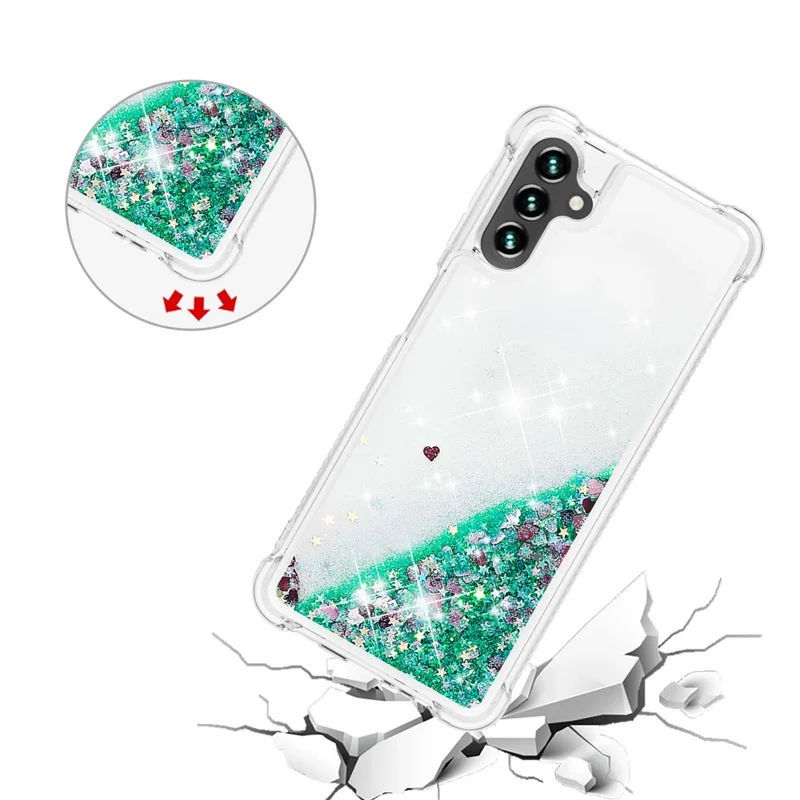 For Samsung Galaxy A34 5G TPU Case Glitter Quicksand Shockproof Phone Back Cover - Green  /  Hearts