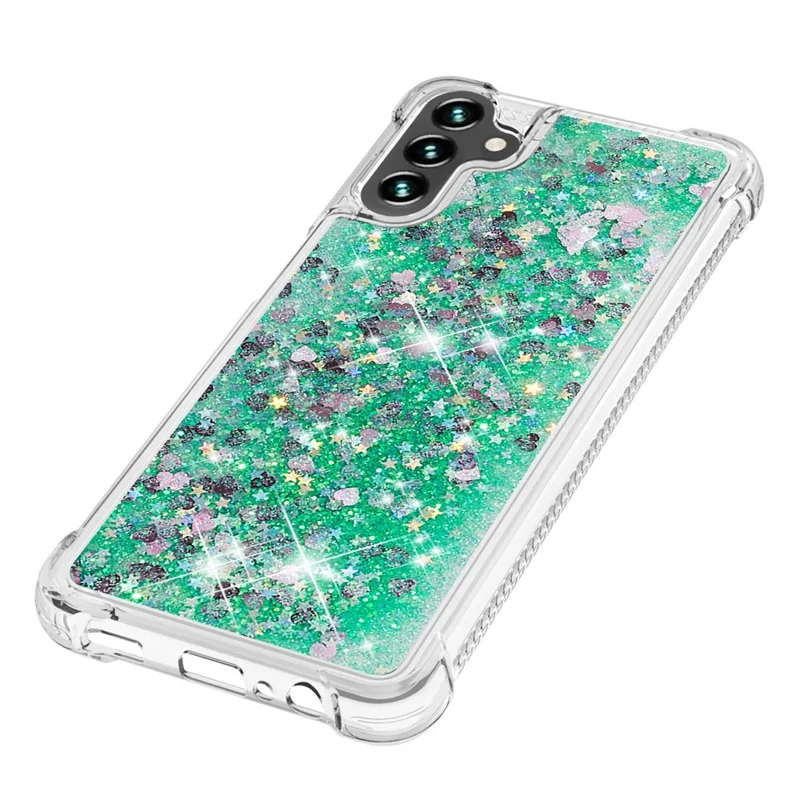 For Samsung Galaxy A34 5G TPU Case Glitter Quicksand Shockproof Phone Back Cover - Green  /  Hearts