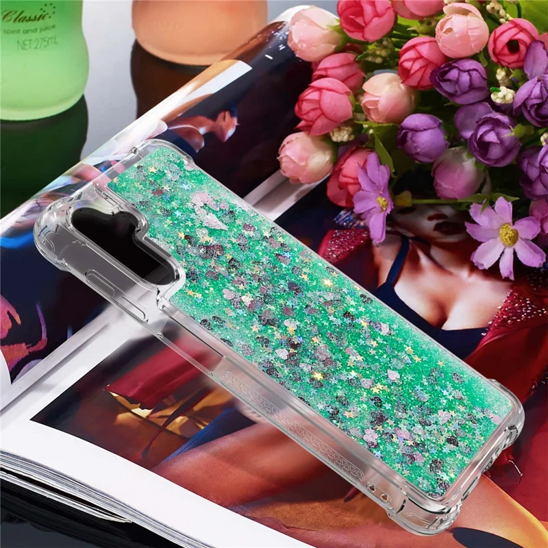 For Samsung Galaxy A34 5G TPU Case Glitter Quicksand Shockproof Phone Back Cover - Green  /  Hearts