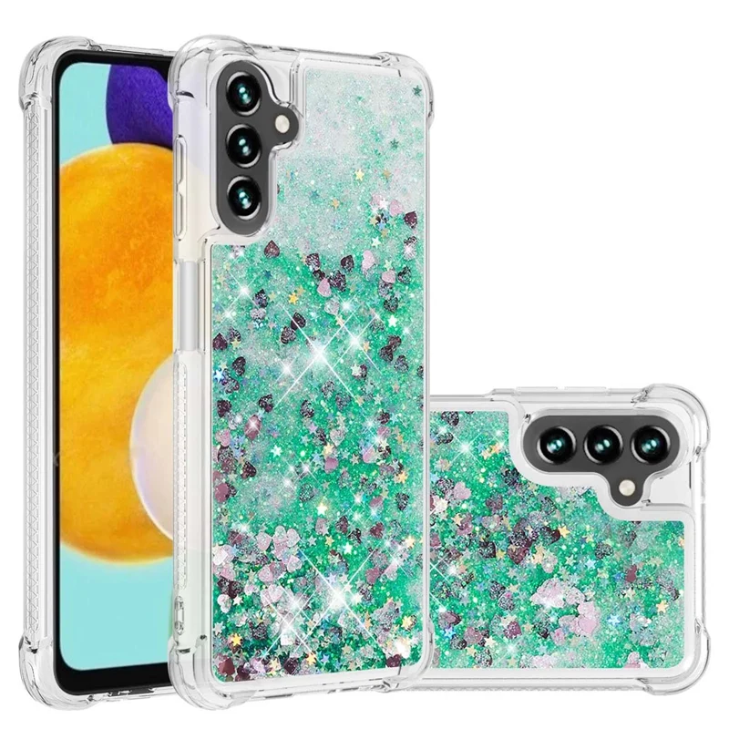 For Samsung Galaxy A34 5G TPU Case Glitter Quicksand Shockproof Phone Back Cover - Green  /  Hearts